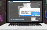 Modern university classroom with holographic AI assistants projecting text onto a student's laptop screen, while classmates wear AR glasses and engage with interactive learning.