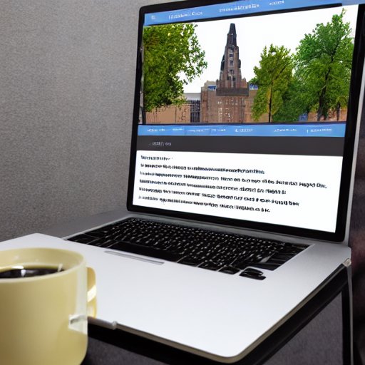 Laptop screen shows an AI advisor interface with personalized course recommendations, a visual timeline of a student's academic journey, and a color‑coded calendar, while a holographic 3D brain model highlights neural pathways; the background depi…