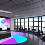 Modern university classroom with a holographic AI advisor projected above a student’s desk, displaying a dynamic learning map, color‑coded modules, and a personalized progress bar. The student looks focused, while a high‑tech campus building with …
