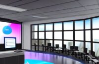 Modern university classroom with a holographic AI advisor projected above a student’s desk, displaying a dynamic learning map, color‑coded modules, and a personalized progress bar. The student looks focused, while a high‑tech campus building with …