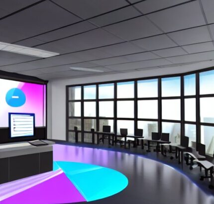 Modern university classroom with a holographic AI advisor projected above a student’s desk, displaying a dynamic learning map, color‑coded modules, and a personalized progress bar. The student looks focused, while a high‑tech campus building with …