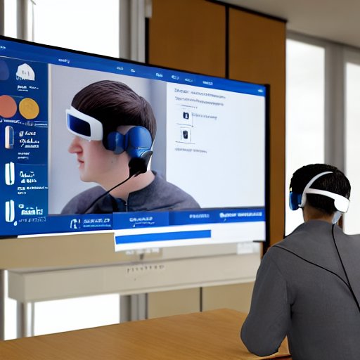Student wearing a smart headset receives real‑time AI tutoring, with translucent overlays of skill assessments and adaptive learning modules. The quiet study room features a window overlooking a campus quad, soft natural light, and a holographic i…