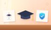 Illustration with a graduation cap, an AI robot and a security shield