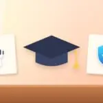 Illustration with a graduation cap, an AI robot and a security shield