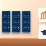 Illustration with data center server racks, a classical building and a graduation cap