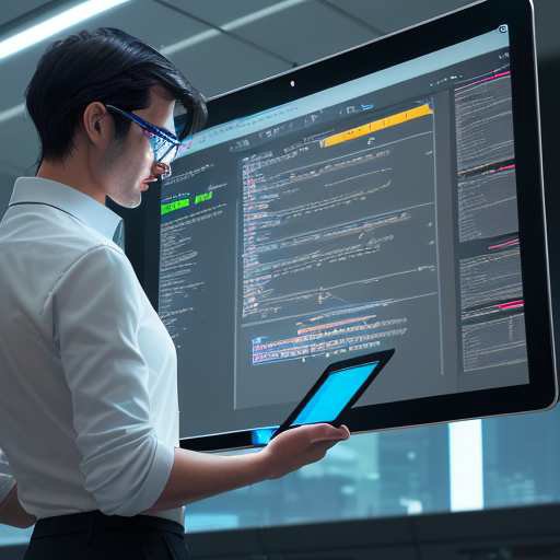 A business analyst in smart glasses reviews machine learning models on a tablet within a bustling, neon-lit innovation lab, symbolizing the fusion of human insight and artificial intelligence.