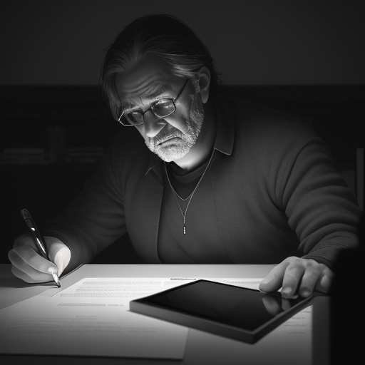 A concerned professor reviews student submissions on a tablet in a book-filled office, highlighting the academic challenge of distinguishing authentic work from AI-generated content.