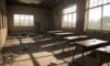 A dilapidated rural Liberian classroom with bare earth floors, where sunlight illuminates dusty textbooks and empty desks, highlighting infrastructure neglect and the lack of digital tools for modern education.