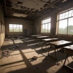 A dilapidated rural Liberian classroom with bare earth floors, where sunlight illuminates dusty textbooks and empty desks, highlighting infrastructure neglect and the lack of digital tools for modern education.