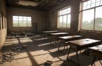 A dilapidated rural Liberian classroom with bare earth floors, where sunlight illuminates dusty textbooks and empty desks, highlighting infrastructure neglect and the lack of digital tools for modern education.
