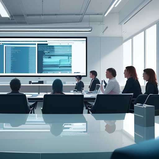 A diverse team collaborates around a modern conference table, analyzing AI-generated data visualizations on multiple monitors under soft blue ambient lighting.
