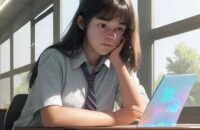 A focused high school student studies personalized math problems on a floating holographic interface in a sunlit library, blending traditional books with modern technology to democratize education.