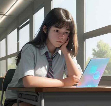 A focused high school student studies personalized math problems on a floating holographic interface in a sunlit library, blending traditional books with modern technology to democratize education.