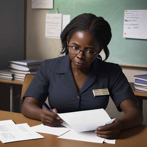 A frustrated Liberian high school teacher in a faded uniform holds backup papers as her tablet screen remains black due to a power failure, highlighting educational disparities caused by unreliable technology.