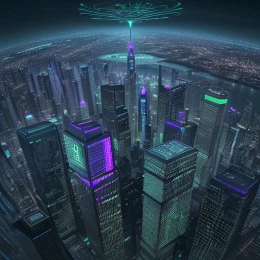 A futuristic cityscape at night features holographic ads for AI and green energy. Diverse people walk confidently toward the camera, symbolizing progress, economic stability, and the long-term benefits of corporate partnerships with educational in…