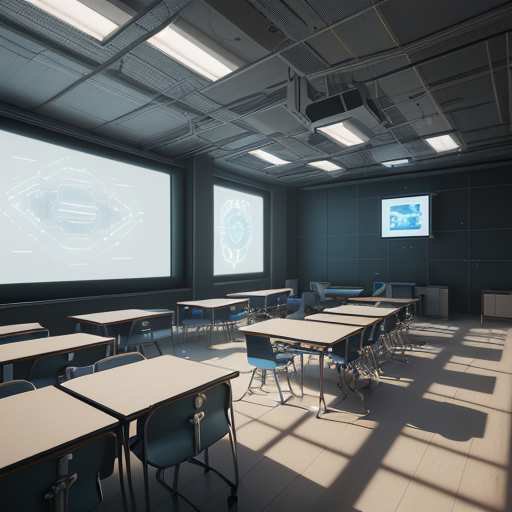 A futuristic classroom where diverse students collaborate on projects using holographic displays and smartboards. The scene illustrates a hopeful future of education reform, emphasizing critical thinking and ethical AI use over reliance on automat…