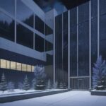 A massive modern data center exterior at twilight reflects the Canadian night sky, surrounded by snow-dusted trees. Visible fiber optic cables connect to distant university campuses, showcasing Bell Canada's infrastructure designed for advanced AI…