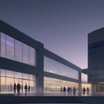 A photorealistic wide shot of a modern university campus at dusk, where students walk past digital signage displaying AI data streams. Sleek glass architecture reflects the twilight sky amidst lush greenery, illustrating technology's integration i…