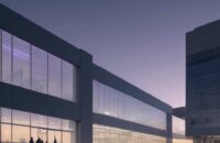 A photorealistic wide shot of a modern university campus at dusk, where students walk past digital signage displaying AI data streams. Sleek glass architecture reflects the twilight sky amidst lush greenery, illustrating technology's integration i…