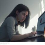 A stressed university student stares at a laptop displaying an AI chat interface, illustrating the anxiety surrounding academic integrity and the integration of generative tools in modern education.