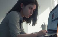 A stressed university student stares at a laptop displaying an AI chat interface, illustrating the anxiety surrounding academic integrity and the integration of generative tools in modern education.