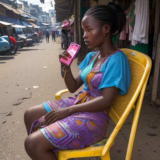 A young Liberian student sits outside a Monrovia market, checking a cracked smartphone. Bright midday sun highlights the contrast between the vibrant economy and his struggle to afford data, illustrating the digital divide affecting education in u…