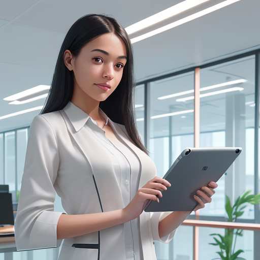 Confident graduate student holding a tablet showing AI career pathways, set against a blurred modern office background symbolizing internship opportunities and enhanced employability for university graduates.