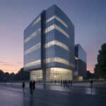 Dusk view of the University of Kent campus blending modern glass architecture with traditional brick pathways, where students walk past an AI kiosk featuring holographic interfaces that symbolize the institution's commitment to innovation and esse…