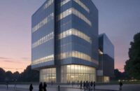 Dusk view of the University of Kent campus blending modern glass architecture with traditional brick pathways, where students walk past an AI kiosk featuring holographic interfaces that symbolize the institution's commitment to innovation and esse…
