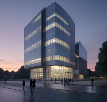 Dusk view of the University of Kent campus blending modern glass architecture with traditional brick pathways, where students walk past an AI kiosk featuring holographic interfaces that symbolize the institution's commitment to innovation and esse…