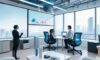 Employees collaborate in a futuristic office using floating holographic displays and AI analytics dashboards, illustrating Industry 4.0 integration with cool blue lighting and global market data screens.