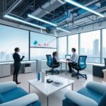 Employees collaborate in a futuristic office using floating holographic displays and AI analytics dashboards, illustrating Industry 4.0 integration with cool blue lighting and global market data screens.
