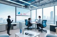 Employees collaborate in a futuristic office using floating holographic displays and AI analytics dashboards, illustrating Industry 4.0 integration with cool blue lighting and global market data screens.
