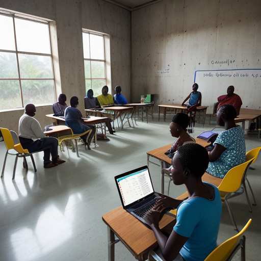 Liberian teachers collaborate around a laptop in a modest community center, sharing digital resources despite challenges. Natural light highlights their determined expressions as they discuss innovative teaching strategies together.