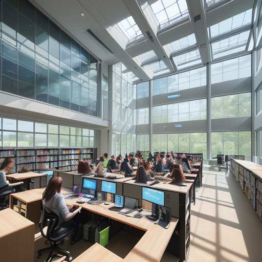 Students collaborate at high-tech workstations in a sunlit, modern university library transformed into an AI learning hub, showcasing code and data visualizations on sleek multi-monitor displays.