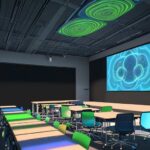 Students collaborate in a modern classroom using holographic projectors and AI tablets, with warm cinematic lighting highlighting polished wood surfaces and detailed textures.