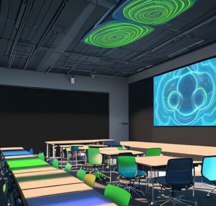 Students collaborate in a modern classroom using holographic projectors and AI tablets, with warm cinematic lighting highlighting polished wood surfaces and detailed textures.