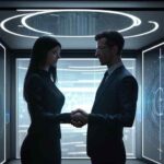 Two professionals shake hands in a modern glass office surrounded by floating digital data streams, symbolizing a strategic partnership between technology and academia to drive enterprise innovation and workforce upskilling.