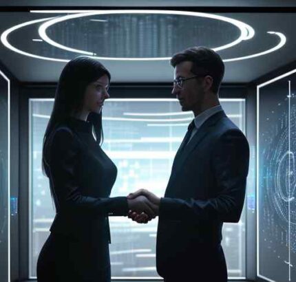 Two professionals shake hands in a modern glass office surrounded by floating digital data streams, symbolizing a strategic partnership between technology and academia to drive enterprise innovation and workforce upskilling.