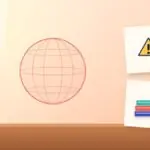 Illustration with a globe, a warning sign and a stack of books