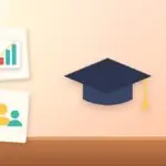 Illustration with a graduation cap, a rising chart and a group of people