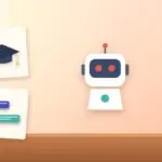 Illustration with an AI robot, a graduation cap and chat bubbles