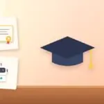 Illustration with a graduation cap, a certificate and an AI robot