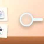 Illustration with a magnifying glass, a document and an AI robot