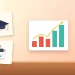 Illustration with a rising chart, a graduation cap and an AI robot