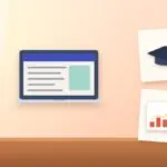 Illustration with a laptop, a graduation cap and a rising chart