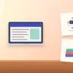 Illustration with a laptop, an AI robot and a stack of books