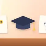 Illustration with a graduation cap, gears and an AI robot
