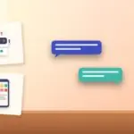 Illustration with chat bubbles, an AI robot and a smartphone