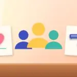 Illustration with a group of people, a heart with a heartbeat line and chat bubbles